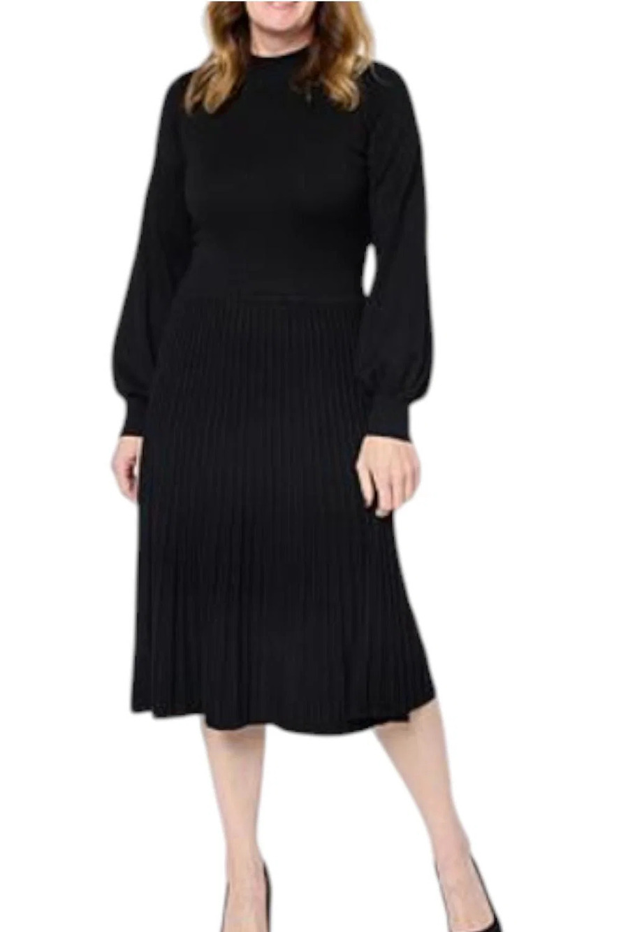Antthony Women's Mock Neck Sweater Knit Pleated Dress Black - Regular